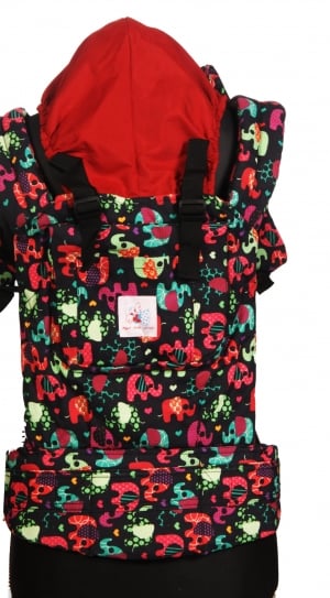 black pink red and blue elephant print baby carrier thumbnail