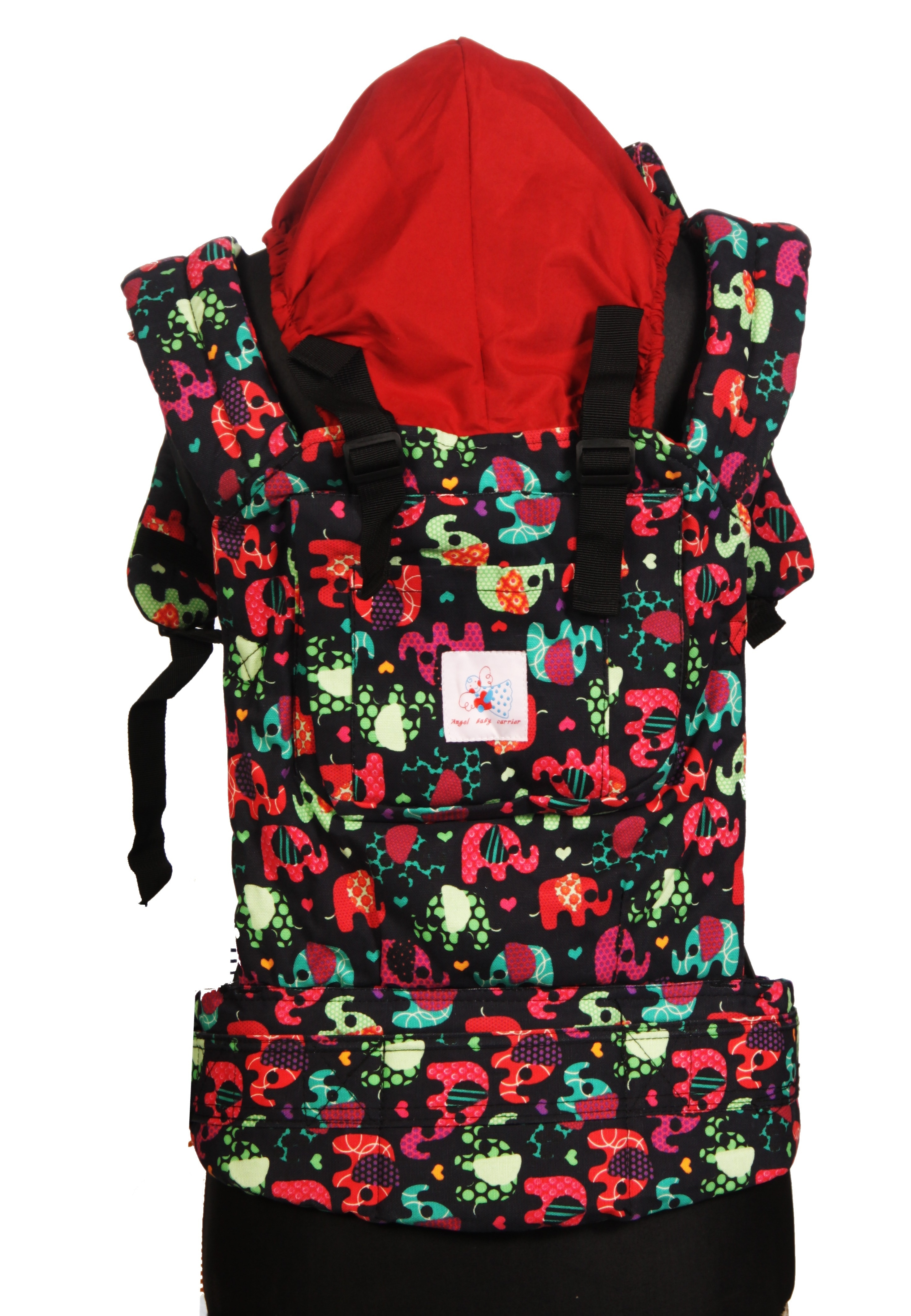 black pink red and blue elephant print baby carrier