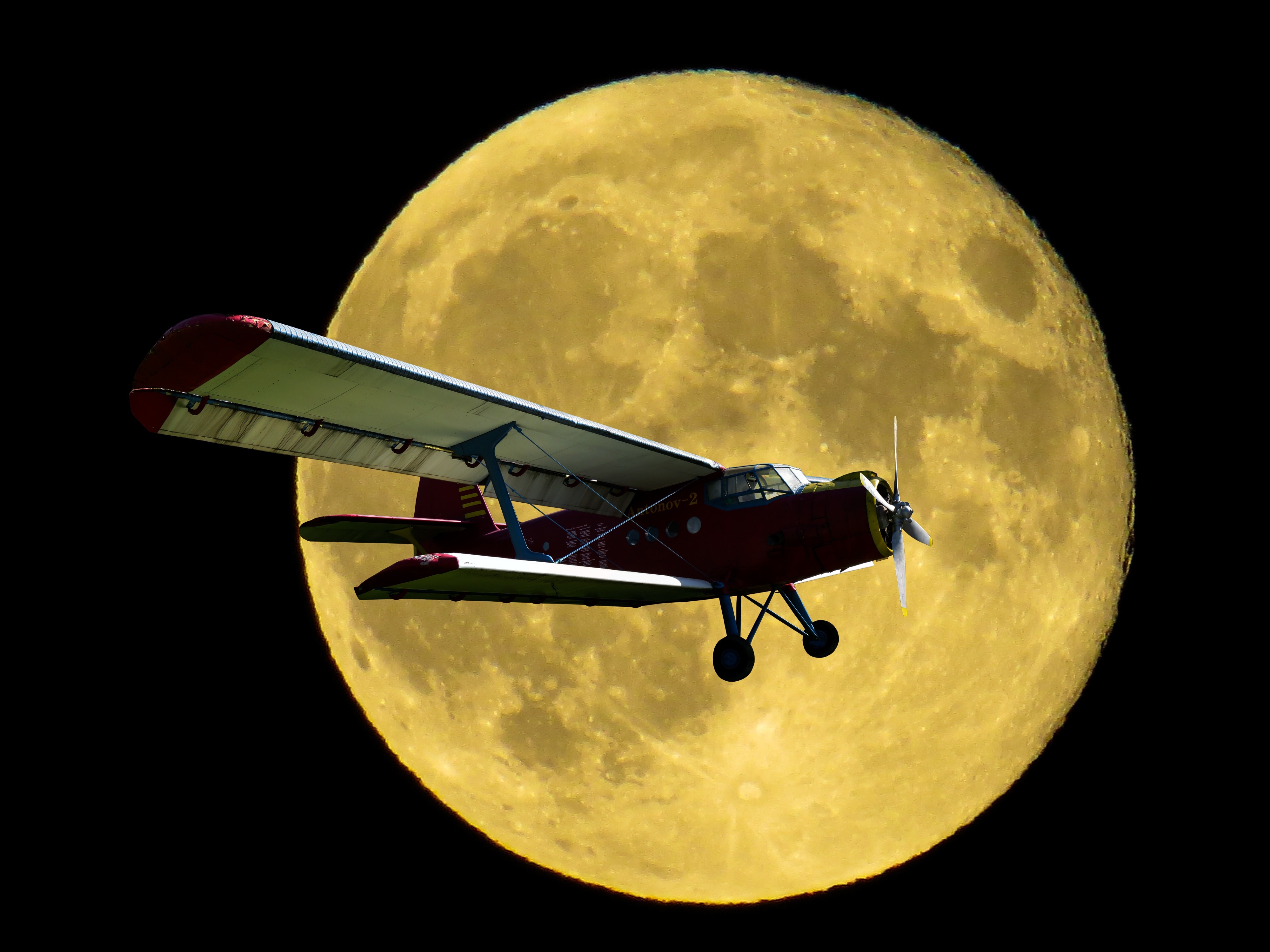 Aircraft, Double Decker, Propeller Plane, night, moon