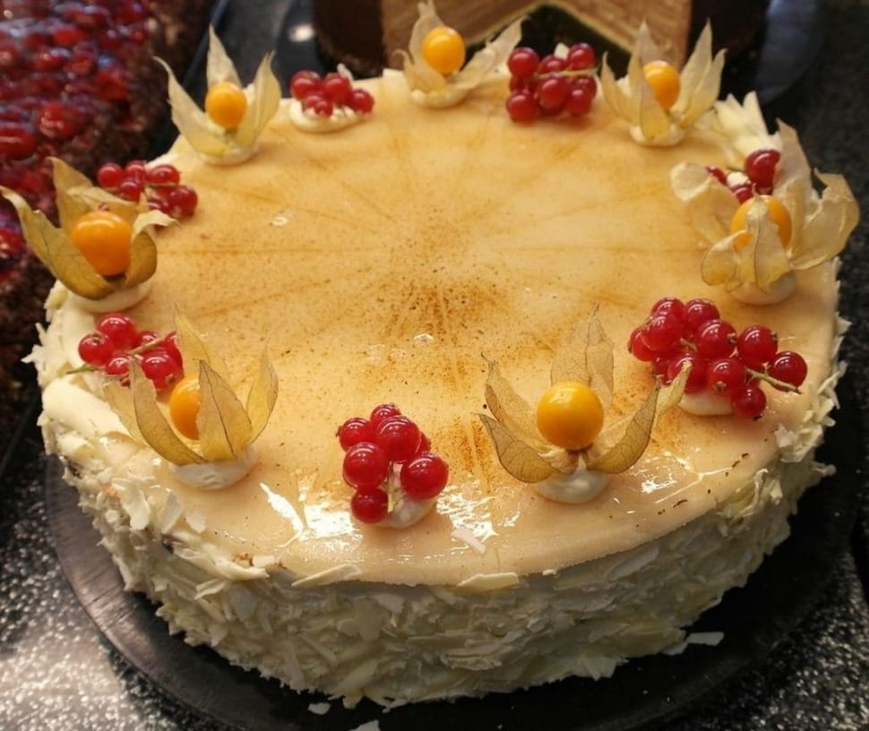 white yellow and red fruits cake preview