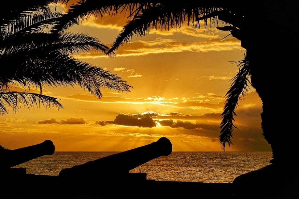 Sunset, Ocean, Cannons, Crepuscular Rays, sunset, silhouette preview