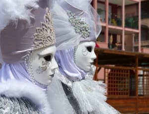 2 white gray woman mask with headdress thumbnail