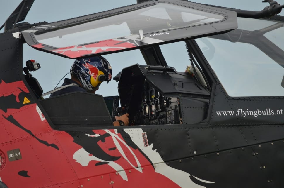 Pilot, Aircraft, Helicopter, Red-Bull, two people, transportation preview