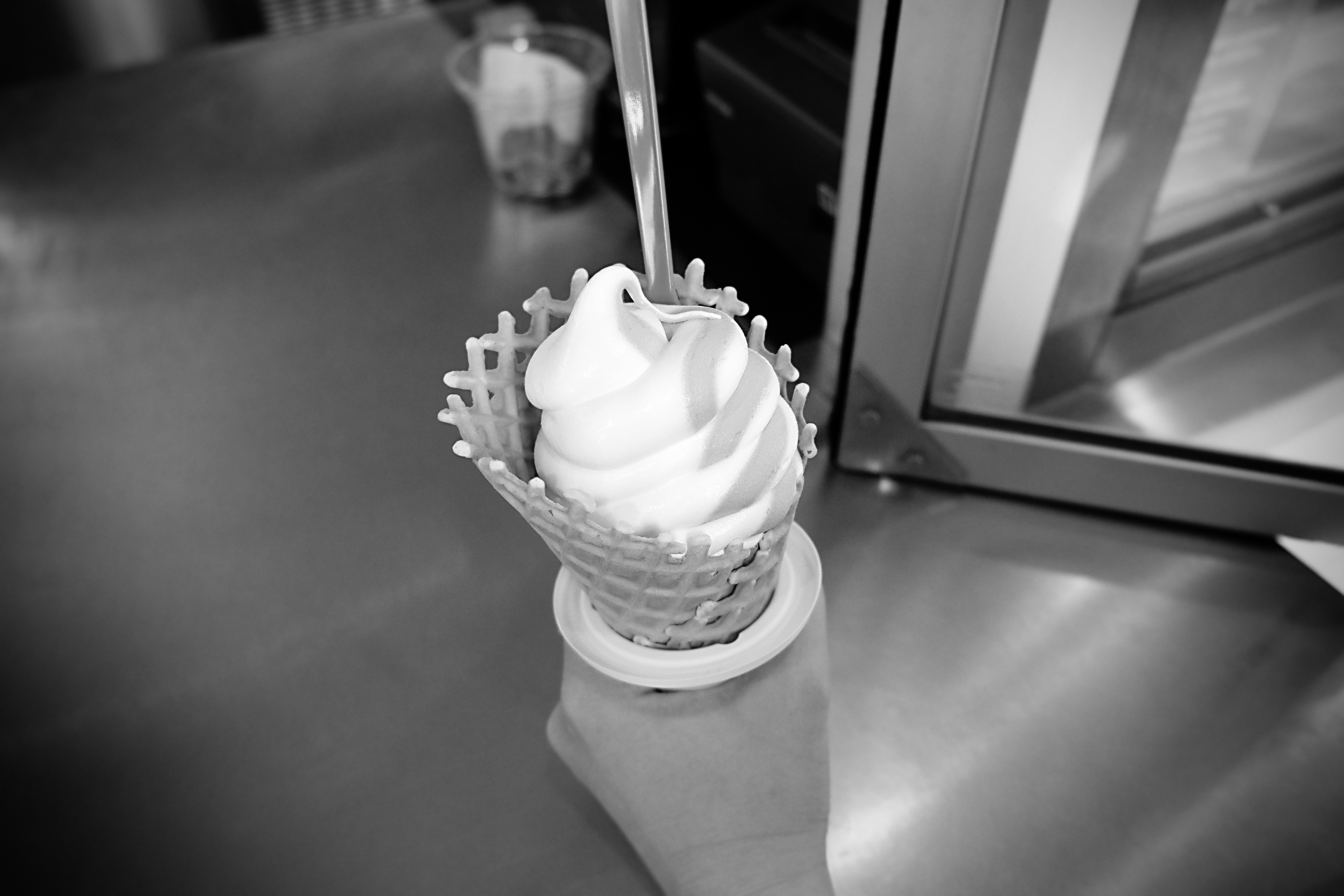 grayscale photo of ice cream