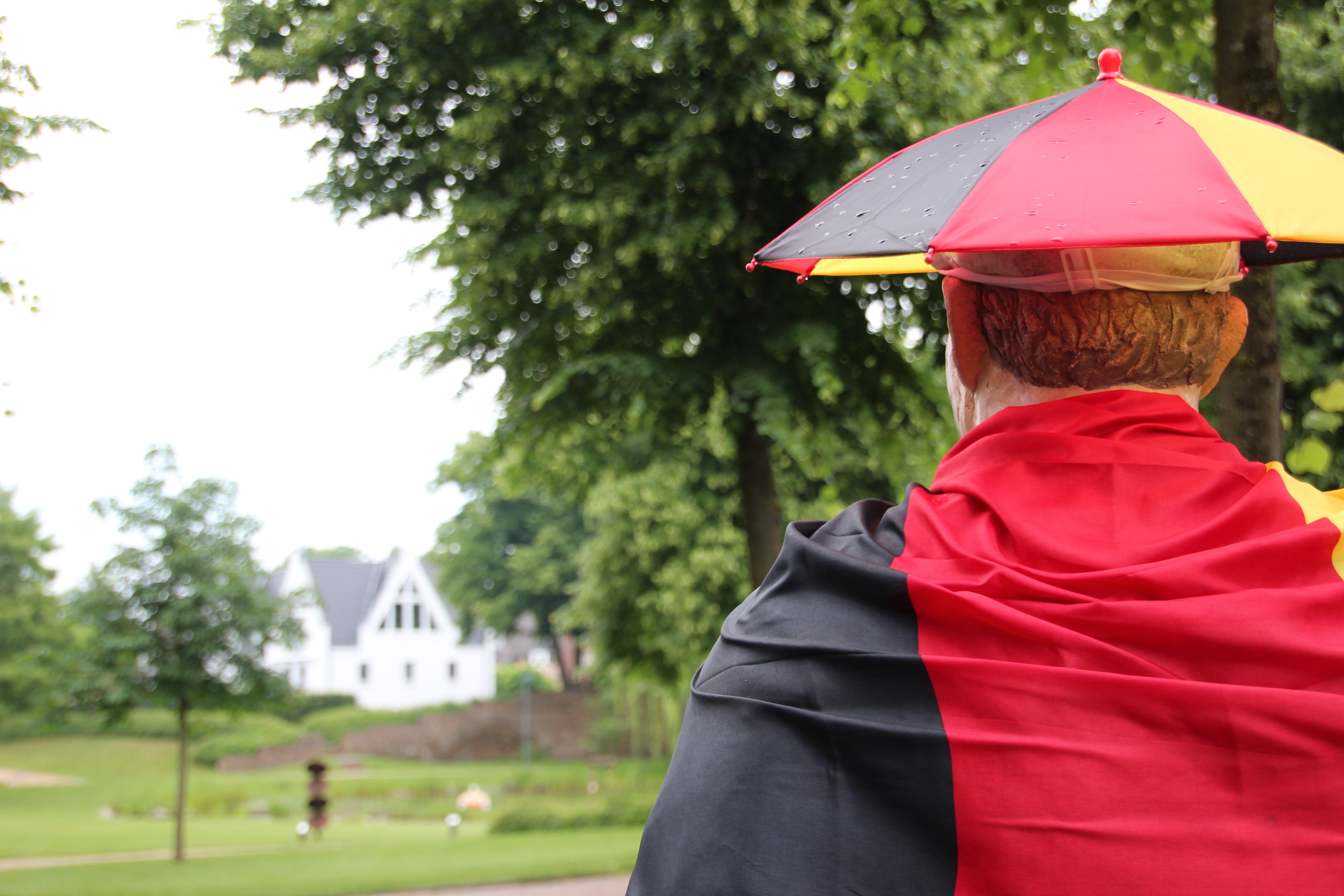 Красный отпускать. Зонт флаг Германии. Человек в костюме травы. Красный Академический. Академическая одежда.