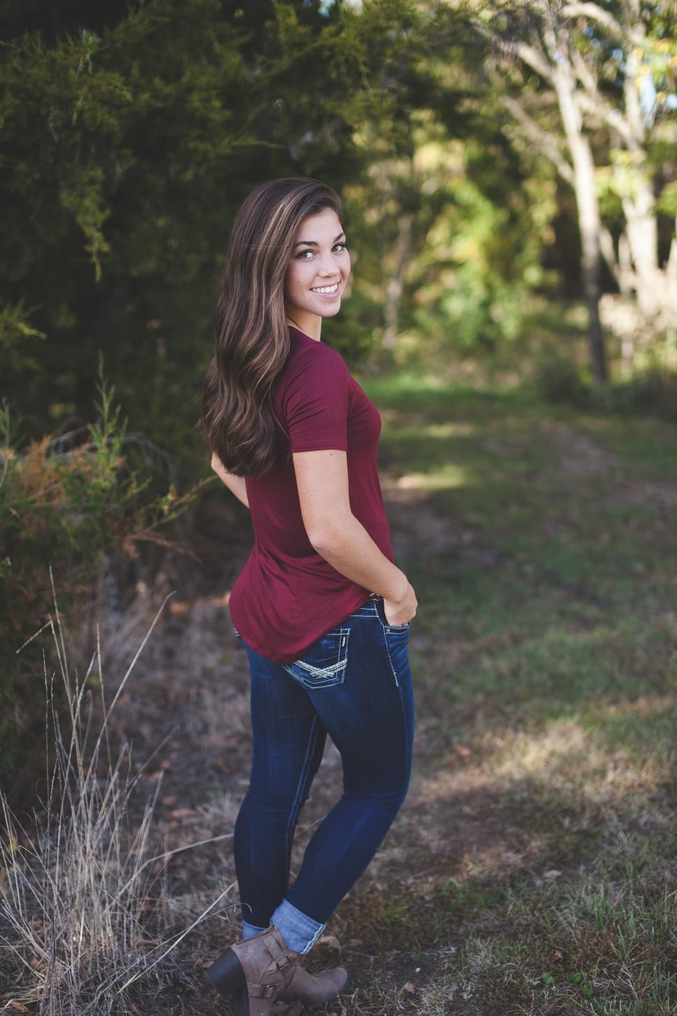 women's maroon t-shirt and jeans preview