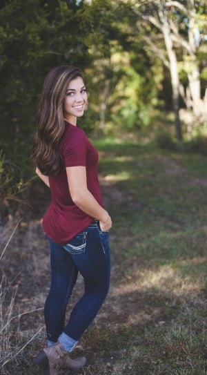 women's maroon t-shirt and jeans thumbnail