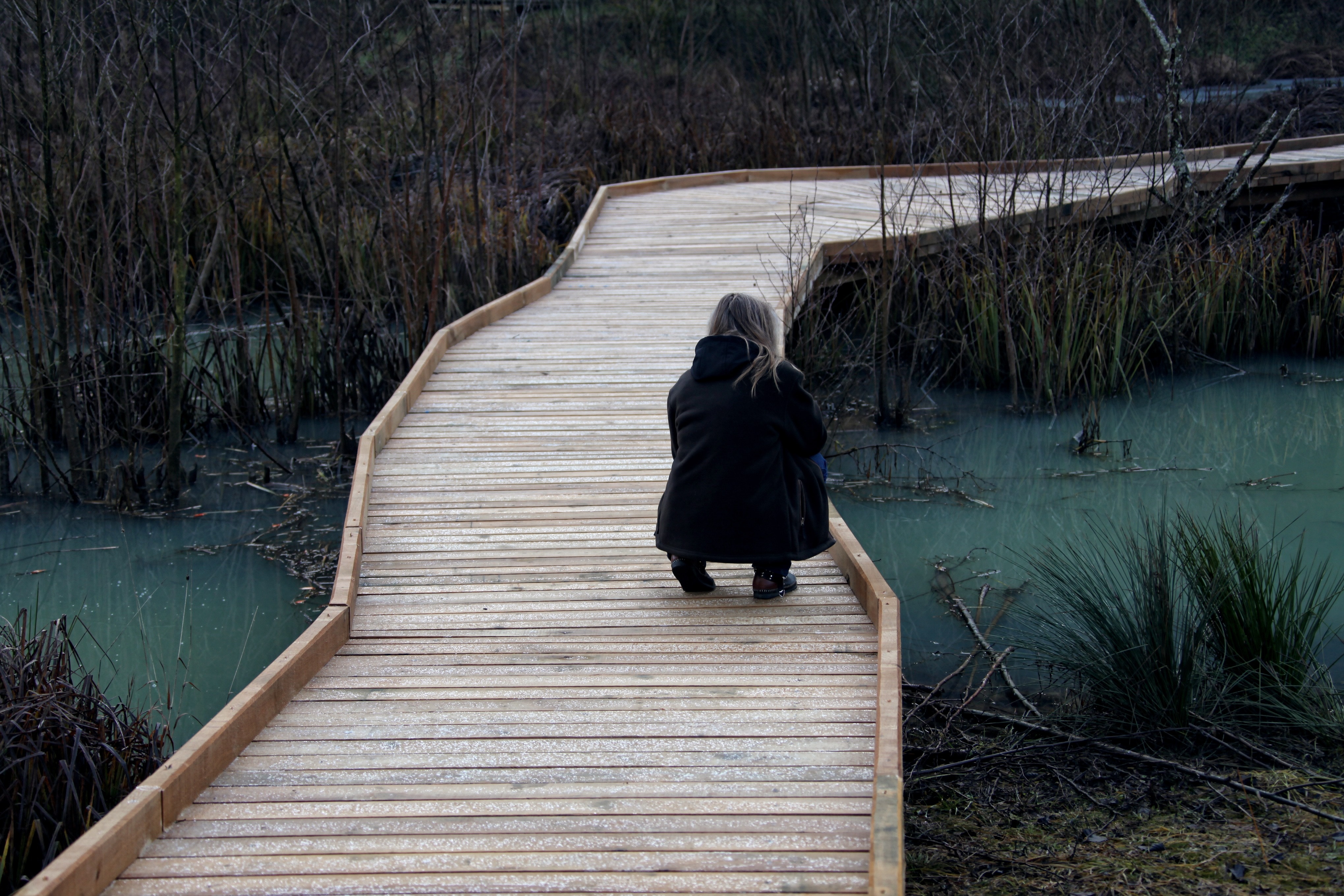 photography of woman squatting in brown wooden bridge