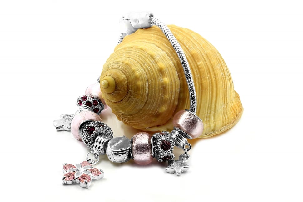 shallow focus photography of silver and black beaded bracelet beside brown conch shell preview
