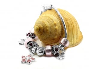 shallow focus photography of silver and black beaded bracelet beside brown conch shell thumbnail