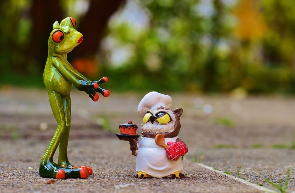 green frog and brown owl ceramic figurines preview