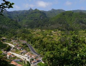 aerial photography of road between houses across green trees and mountain at daytime thumbnail