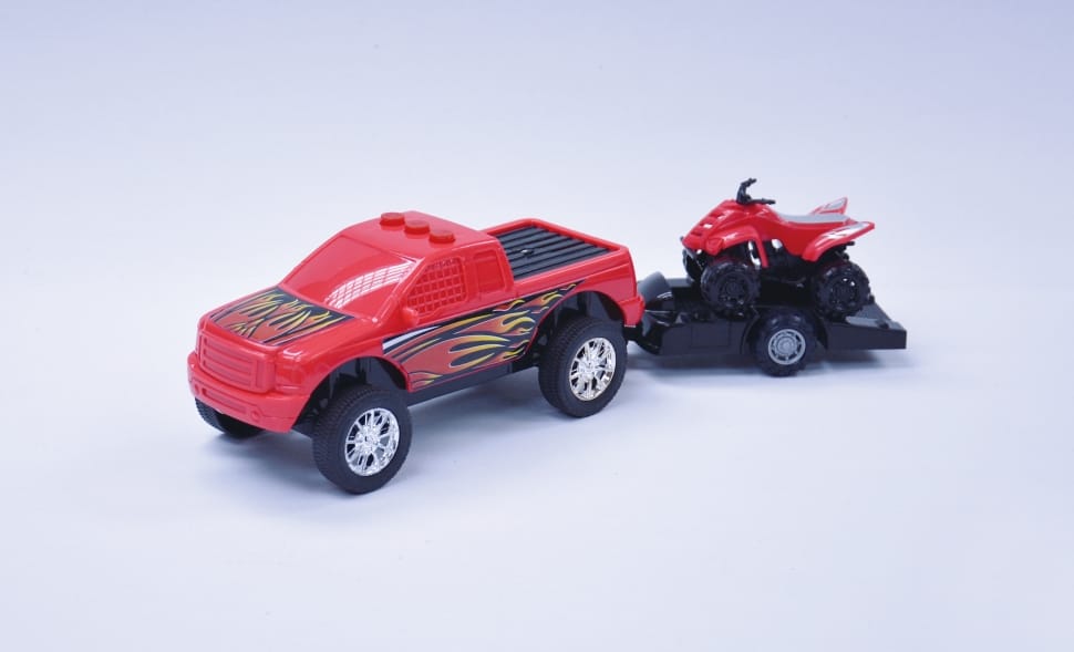 red rc toy truck and atv quad bike preview